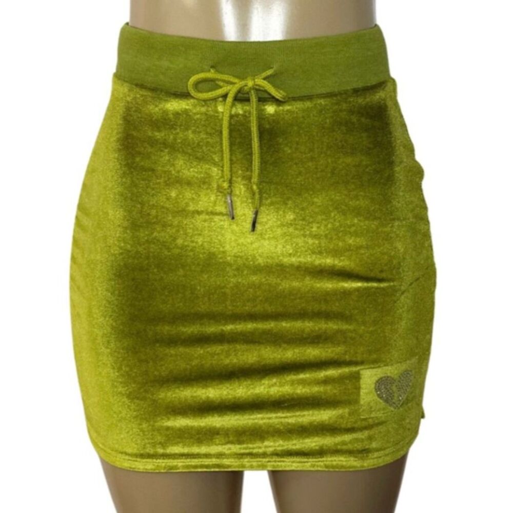 Y2K Green Velour Mini Skirt Small Rhinestone Heart Rave Festival Bratz Mori